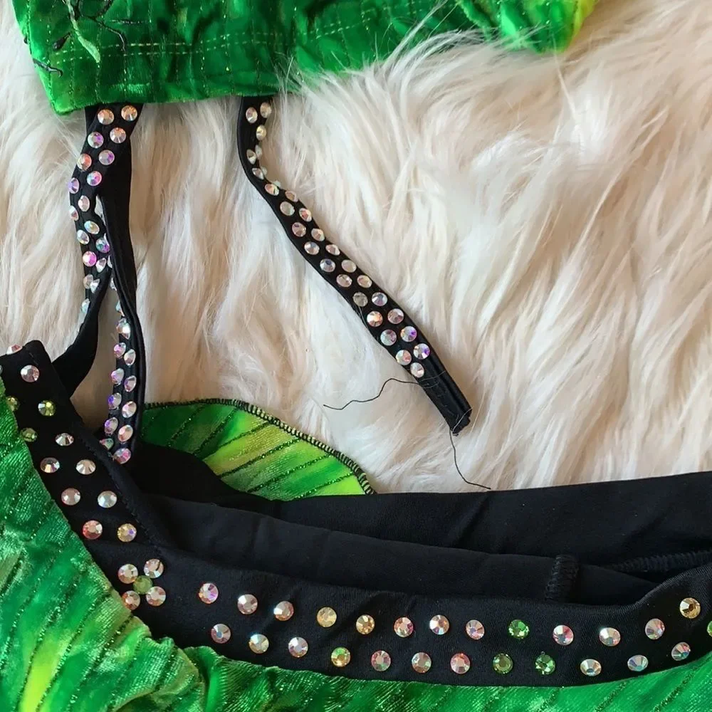 Green One Piece Dance Costume.  Swarovski Crystal adorned.